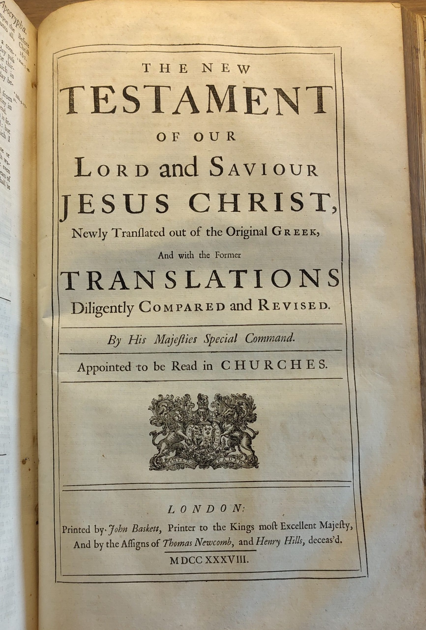 John Baskett was a prominent English printer who held the exclusive royal patent to print the King James Bible in the early 18th century. While his shop printed Bibles in several years, including 1738, he is most famous for his monumental—yet notoriously error-filled—1717 edition.